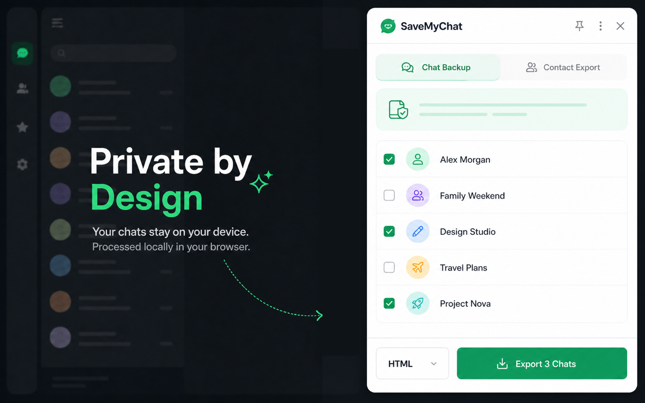 SaveMyChat processes chat data locally in the browser